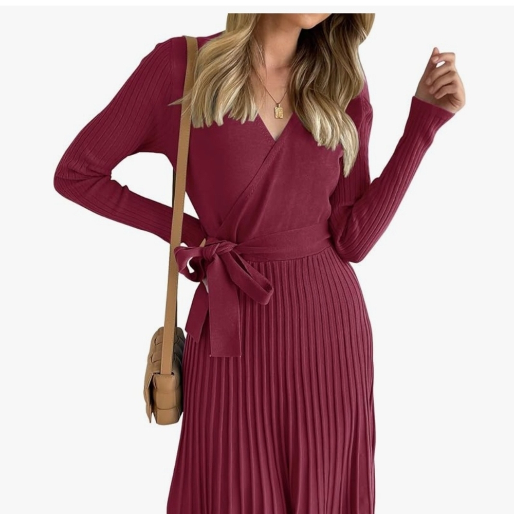 Ribbed Wrap Midi Dress with Tie Waist - Burgundy